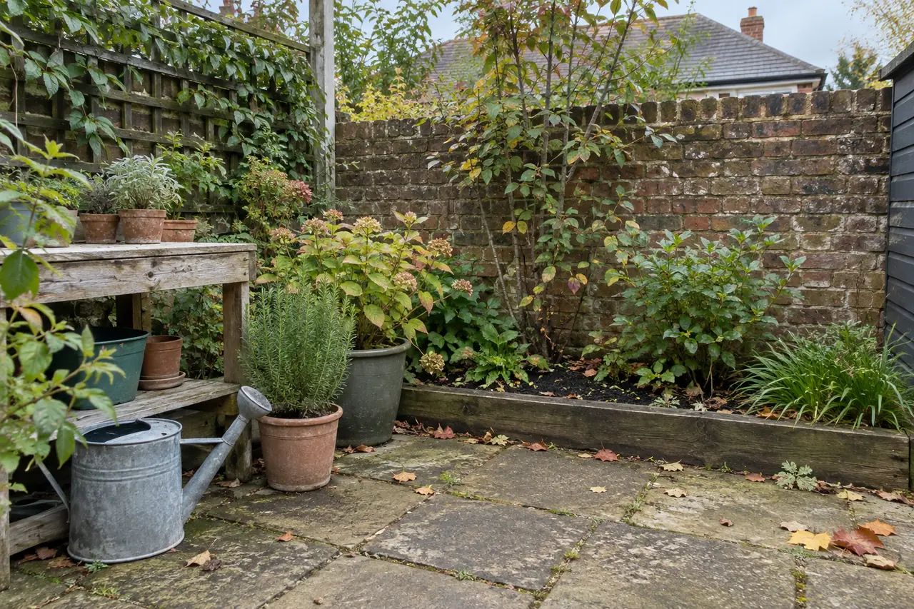 A small garden with pots, planting beds and a timber fence.