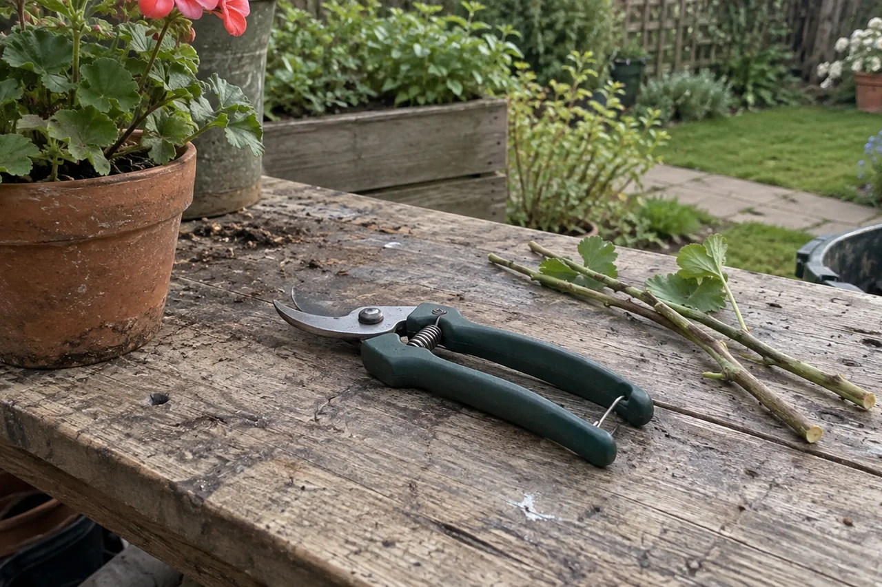 Unbranded bypass secateurs beside cut stems on a weathered garden bench.