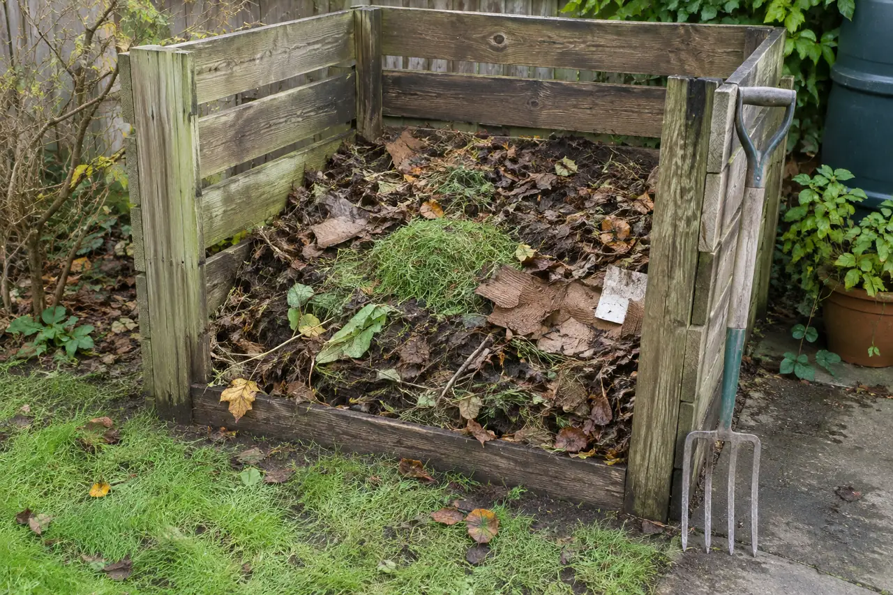 Mixed leaves, grass clippings and cardboard in a small compost bay.