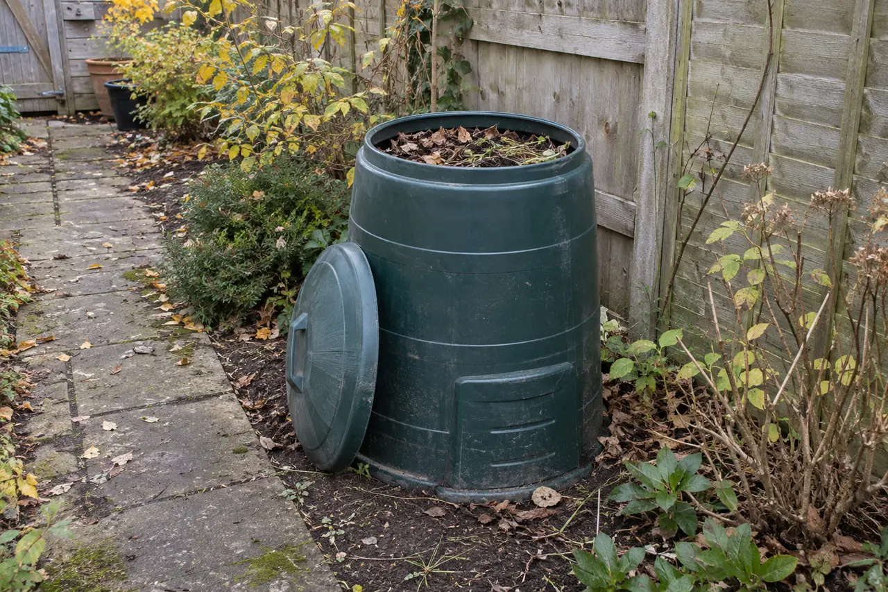 A compact compost bin on soil beside a paved garden path.