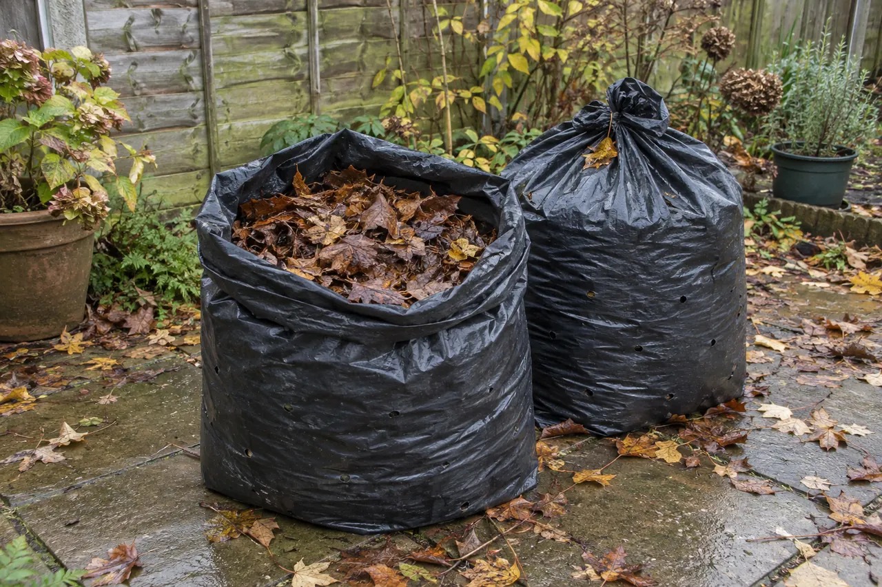 Bags of fallen leaves beside a garden fence.