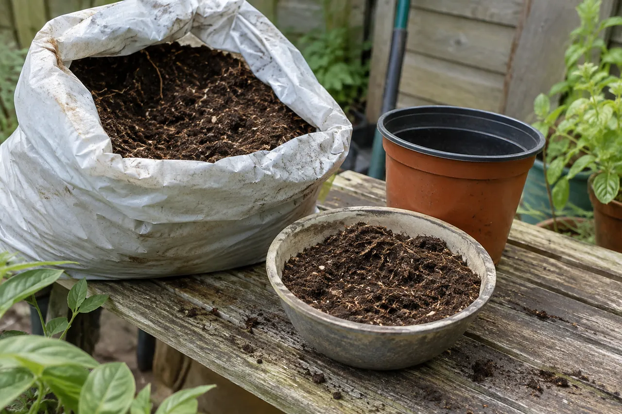 A bowl of fibrous potting mix beside an unlabelled sack and pot.