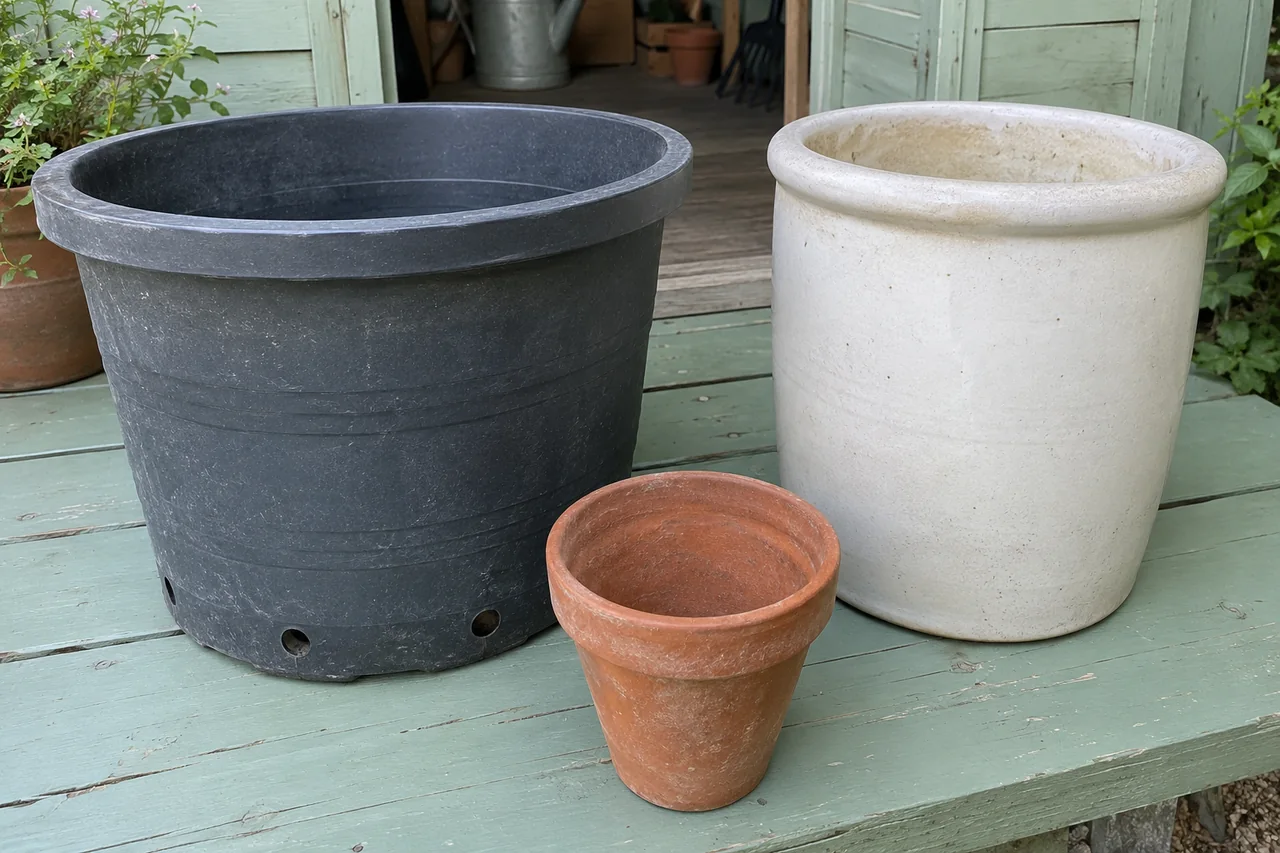 Empty plastic, glazed ceramic and terracotta pots in different sizes.