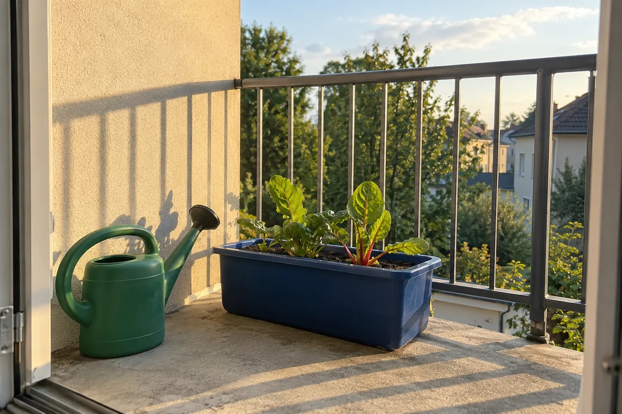 One planted container and a watering can on a small balcony.