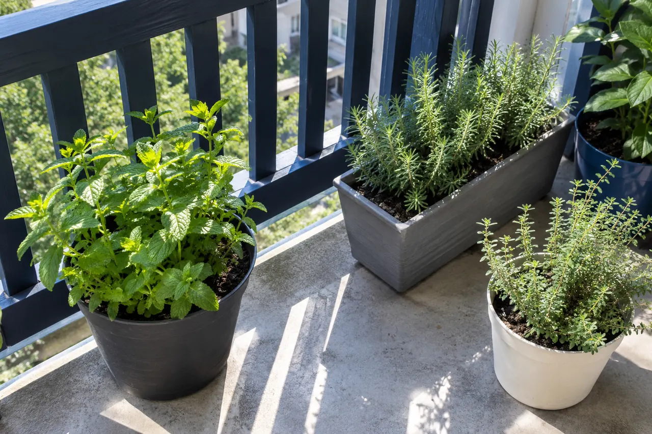Mint, rosemary and thyme growing in separate pots on a sunny balcony.