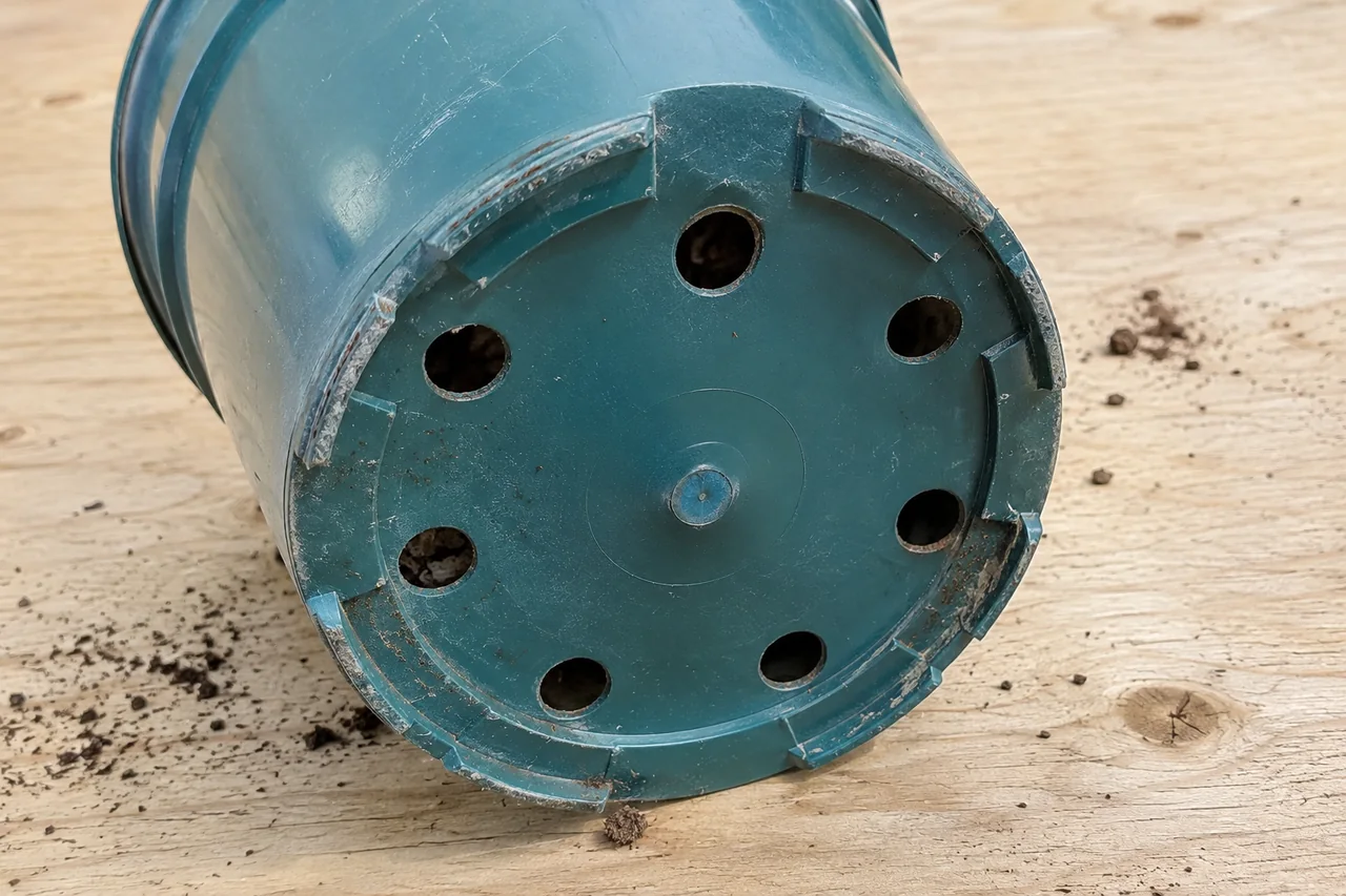 The underside of a plastic pot with clear drainage holes.