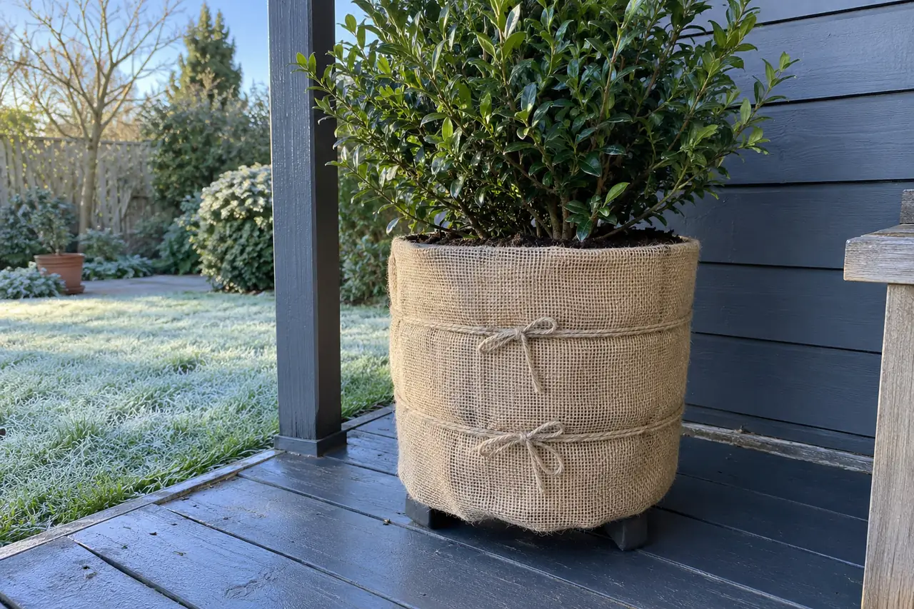 A container wrapped in hessian and raised on pot feet beneath a porch.