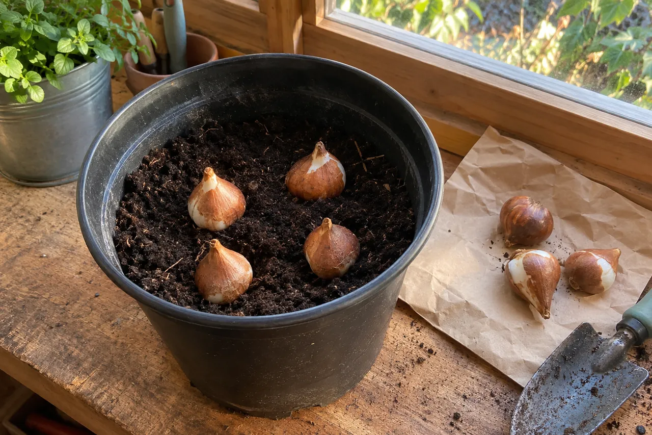 Tulip bulbs positioned in a deep pot before being covered with compost.